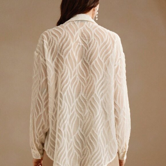 Apricot Elegant Women's Embellished Floral Long Sleeve Sheer Jacquard Shirt - Picture 3 of 7